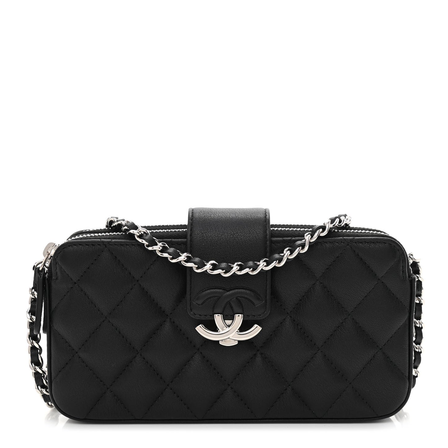 Lambskin Quilted CC Box Clutch With Chain Black