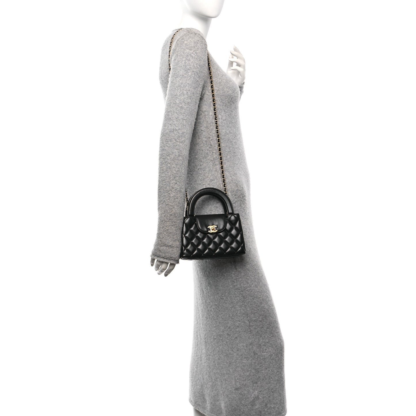 Shiny Aged Calfskin Quilted Nano Kelly Shopper Black