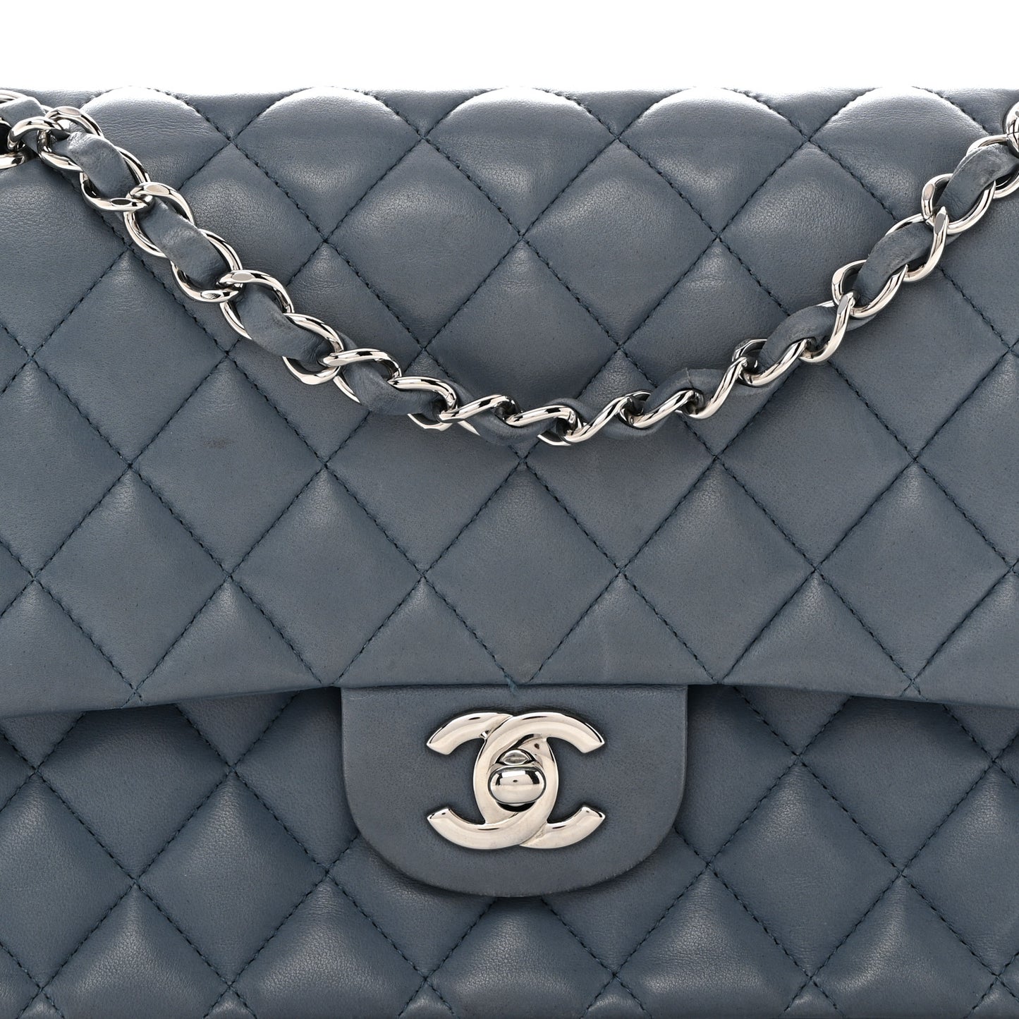 Lambskin Quilted Medium Double Flap Light Blue