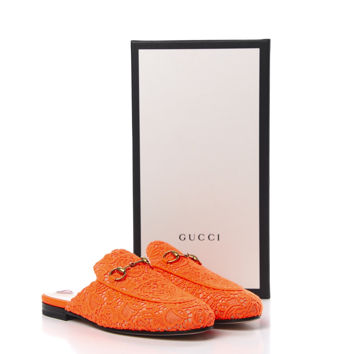 Gucci Lace Malaga Kid Womens Princetown Slippers 37 Orange Fluo Skin Rose 8 of 8