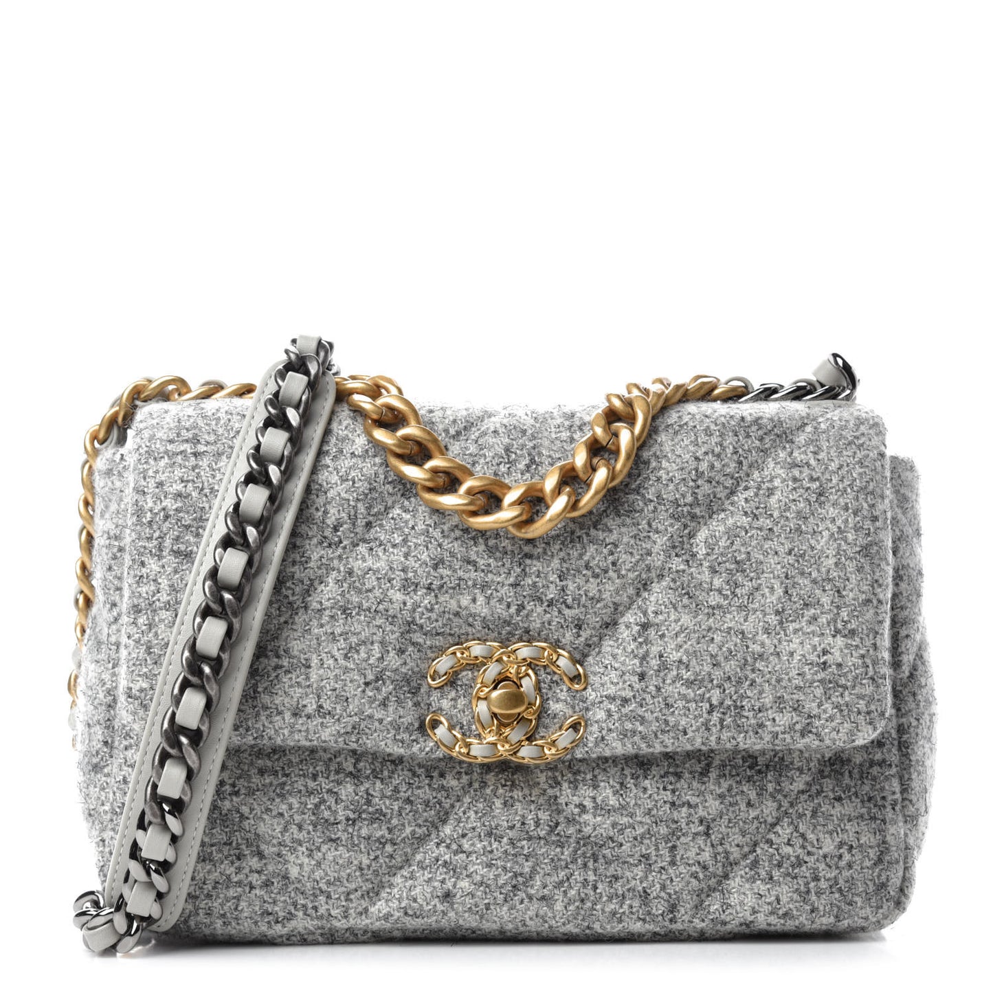 Tweed Quilted Medium Chanel 19 Flap Grey Ecru