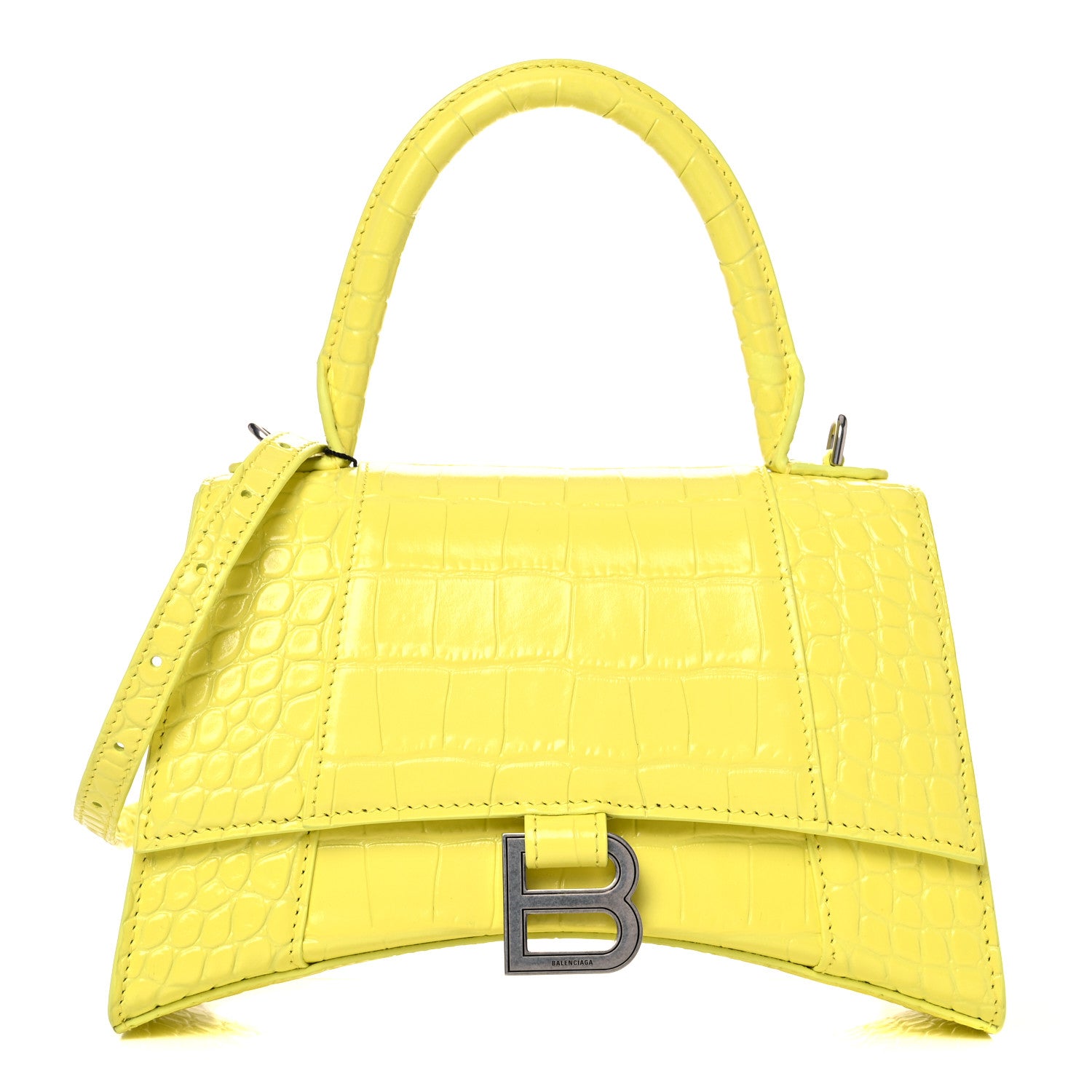 Balenciaga Shiny Calfskin Crocodile Embossed Small Hourglass Top Handle Bag Light Yellow 1 of 8