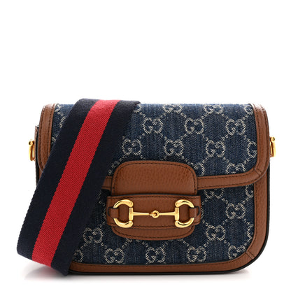 Gucci New Denim GG Monogram Dollar Calfskin Web Mini Horsebit 1955 Shoulder Bag Blue Tea Cuir Epilog 1 of 11