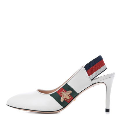 Gucci Malaga Kid Web Sylvie Mid Heel Slingback Pumps 35.5 White 1 of 9