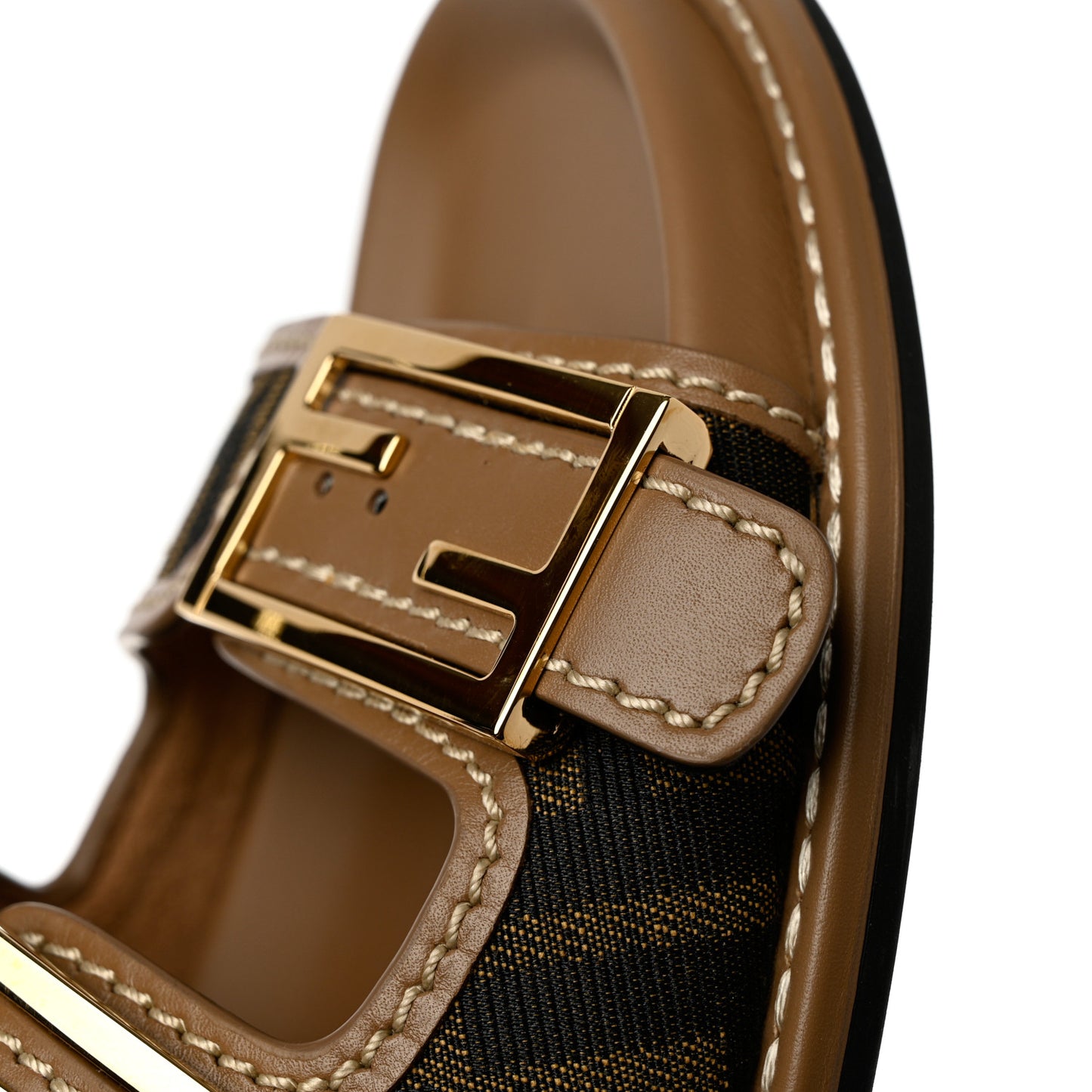 Fabric Jacquard Nappa FF Womens Fendi Feel Buckled Slide Sandals 35.5 Tobacco Black Miele Scuro