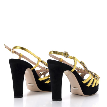 Gucci Velvet Nappa Crystal Zephyra Slingback Platform High Heel Sandals 36 Black Gold 4 of 9