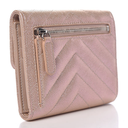 Chanel Metallic Caviar Chevron Quilted Compact Flap Wallet Light Gold 3 of 9