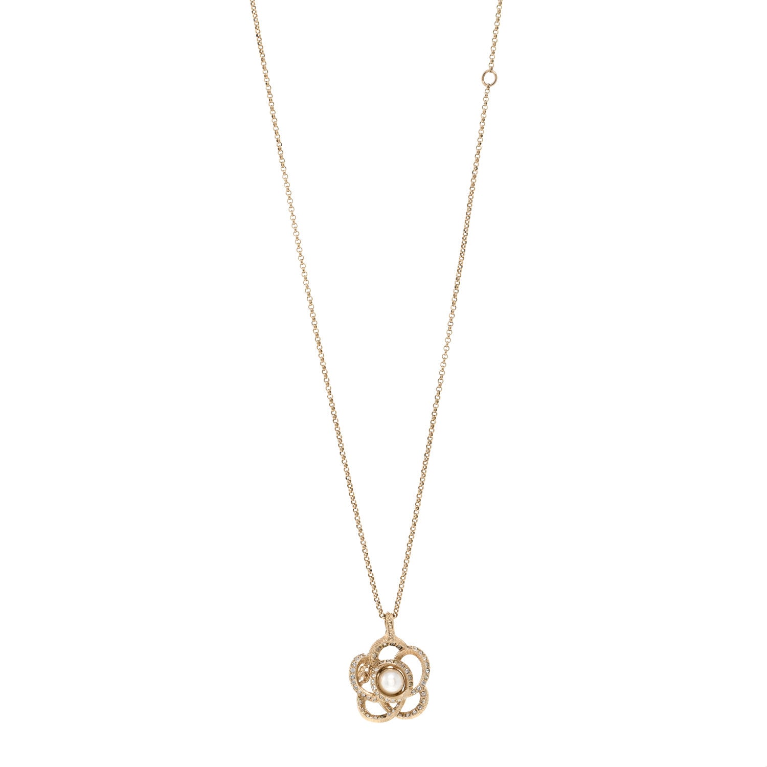 Chanel Crystal Pearl Camellia Necklace Gold 1 of 6