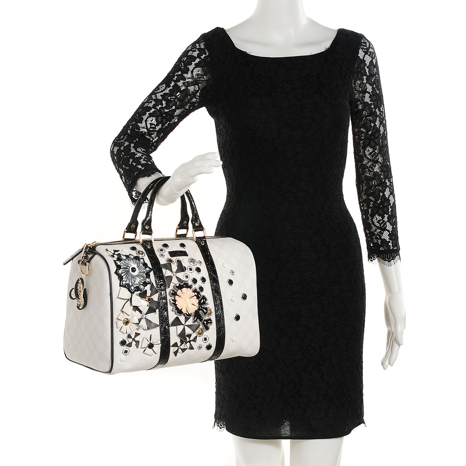 Gucci GG Plus Monogram Embellished Medium Joy Boston White Black 2 of 7