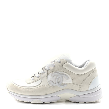 Chanel Suede Calfskin Fabric CC Sneakers 38 White 1 of 9