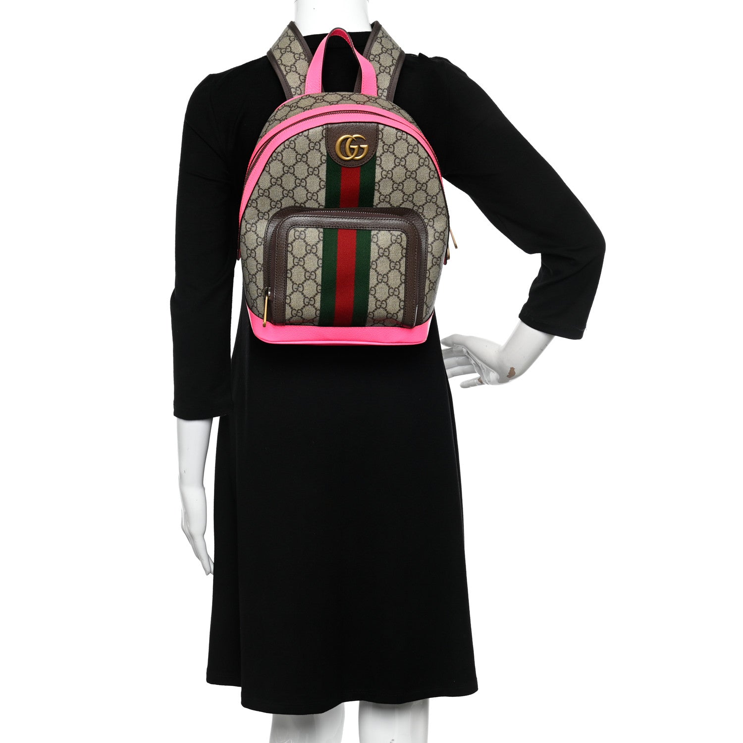 Gucci GG Supreme Monogram Textured Dollar Calfskin Web Small Ophidia Day Backpack Beige Ebony Fluorescent Fuchsia 2 of 9