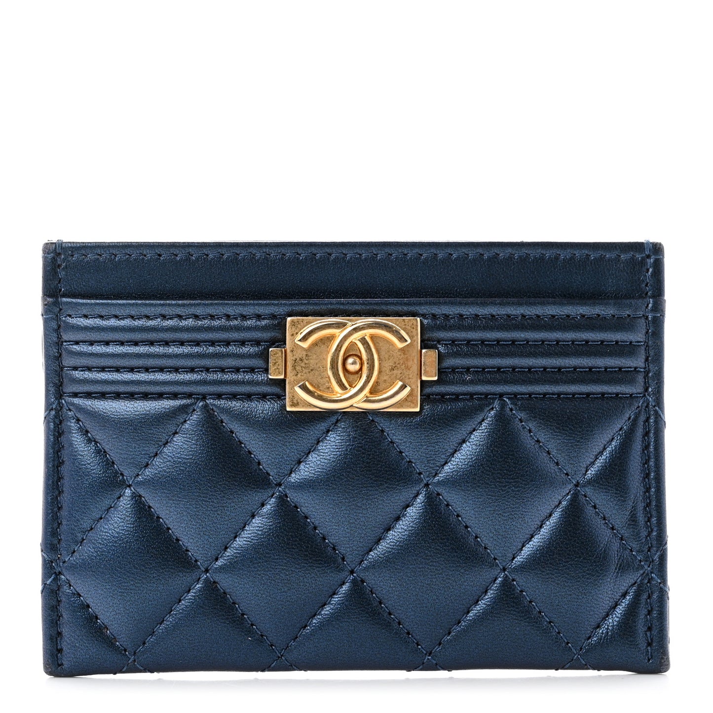 Metallic Lambskin Quilted Boy Card Holder Navy Blue