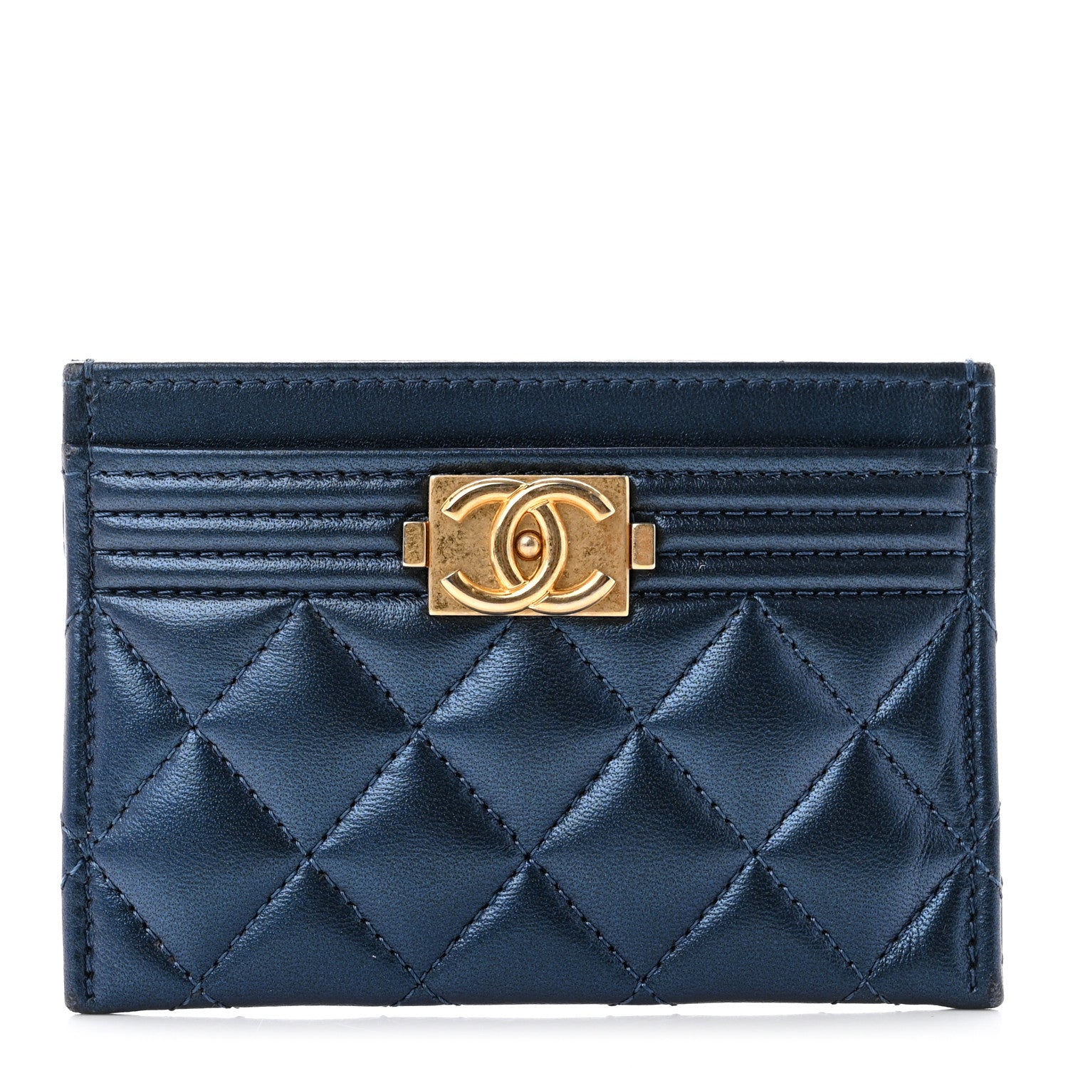 Chanel Metallic Lambskin Quilted Boy Card Holder Navy Blue 1 of 8