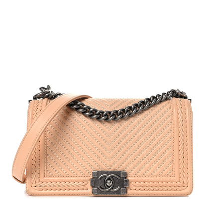 Chanel Calfskin Chevron Quilted Medium Braided Boy Flap Beige 1 of 15