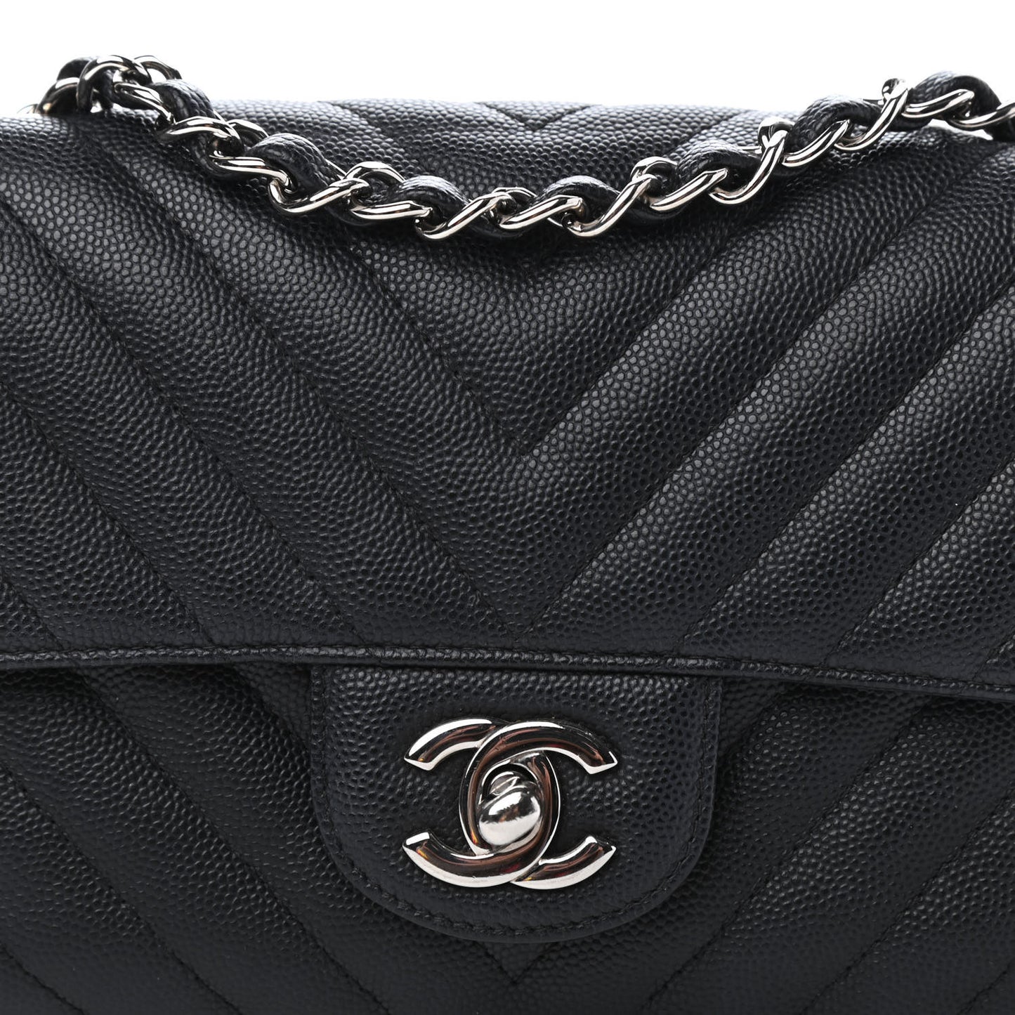 Caviar Chevron Quilted Mini Rectangular Flap Black