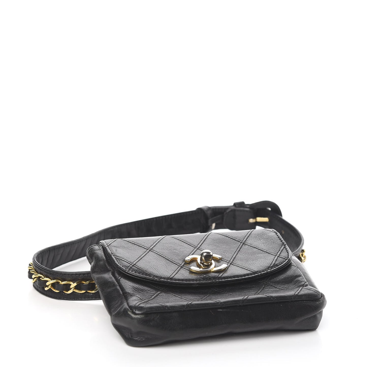 Lambskin Diamond Stitched Flap Waist Belt Bag 65 Black
