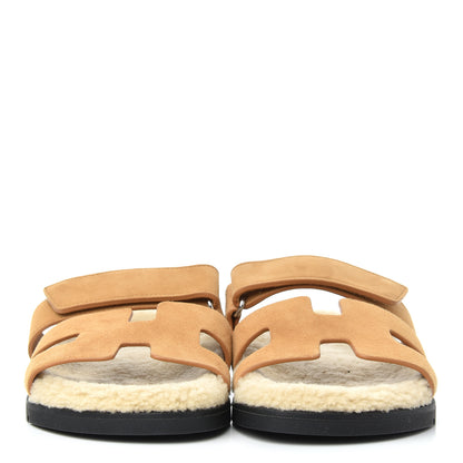 Hermes Suede Goatskin Woolskin Womens Chypre Sandals 38 Golden Beige 2 of 8