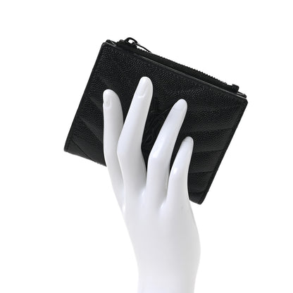 Saint Laurent Grain De Poudre Matelasse Chevron Monogram Zipped Card Case Black 2 of 6