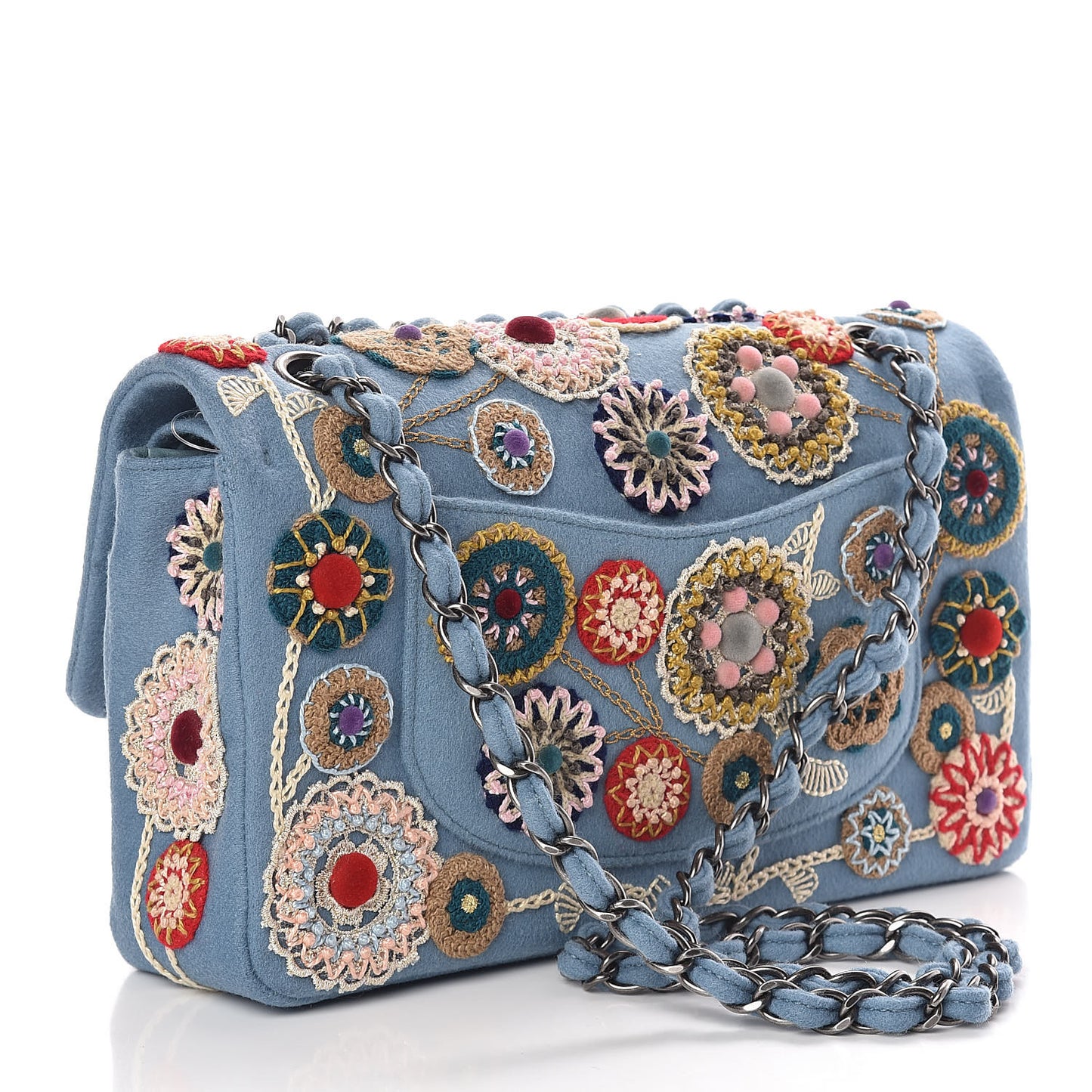 Felt Flower Embroidered Medium Double Flap Blue Multicolor