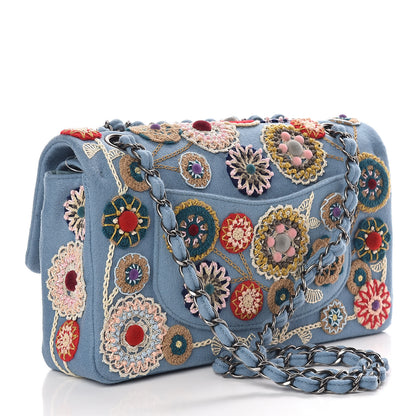 Chanel Felt Flower Embroidered Medium Double Flap Blue Multicolor 3 of 10