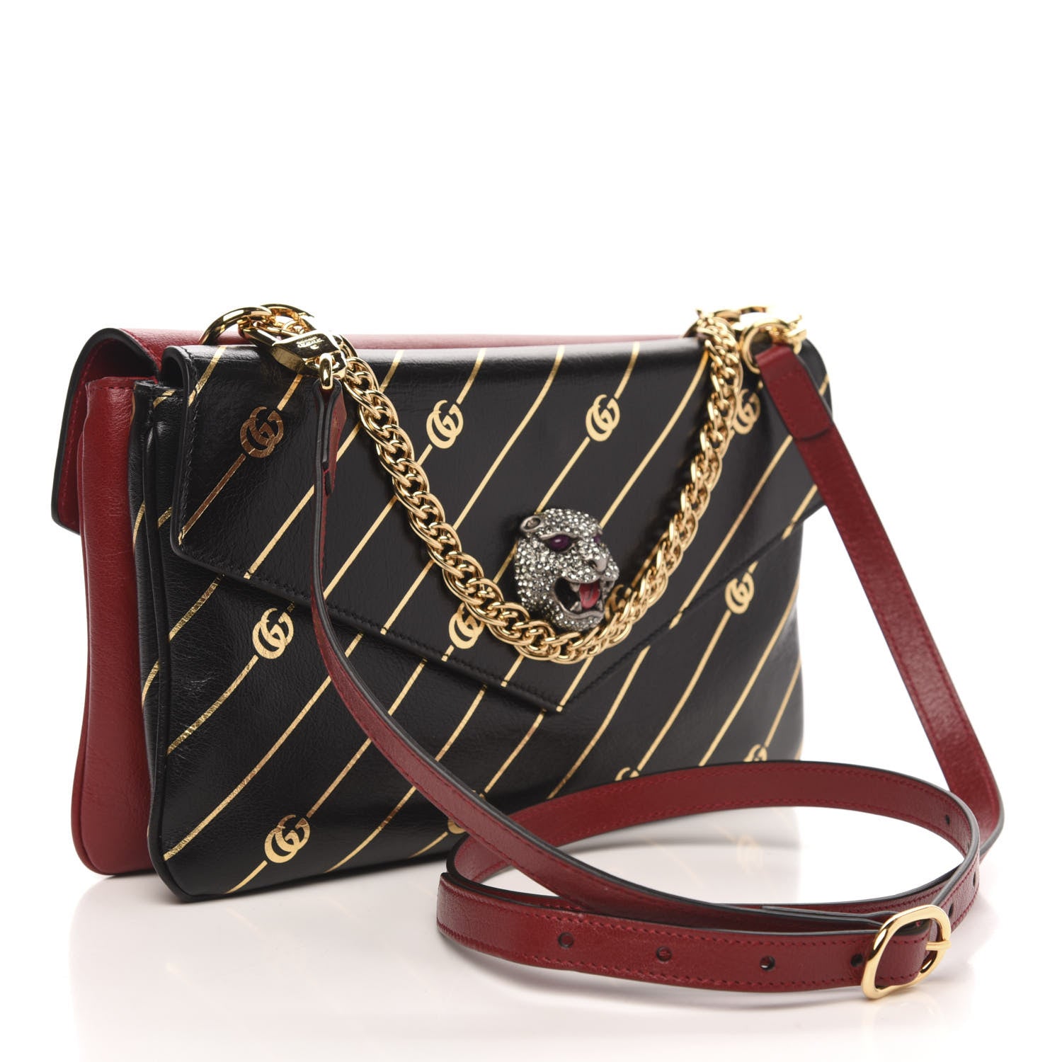 Gucci Calfskin Diagonal GG Medium Thiara Double Envelope Shoulder Bag Black Red 3 of 11