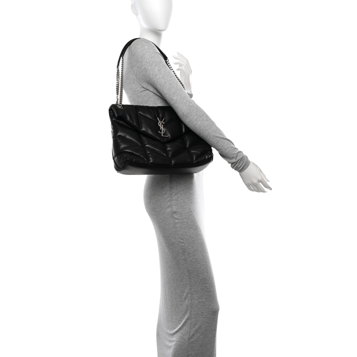 Saint Laurent Lambskin Quilted Medium Loulou Puffer Monogram Chain Satchel Black 2 of 11
