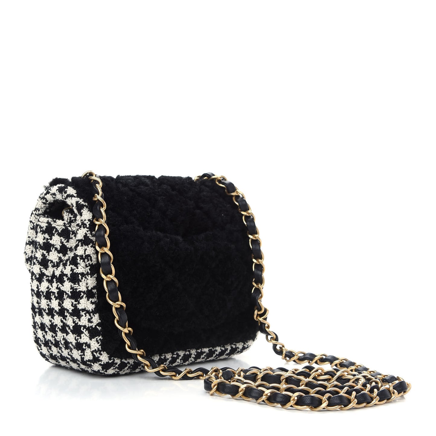 Shearling Tweed Quilted Mini Square Flap Bag Black White