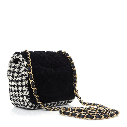 Chanel Shearling Tweed Quilted Mini Square Flap Bag Black White 3 of 9