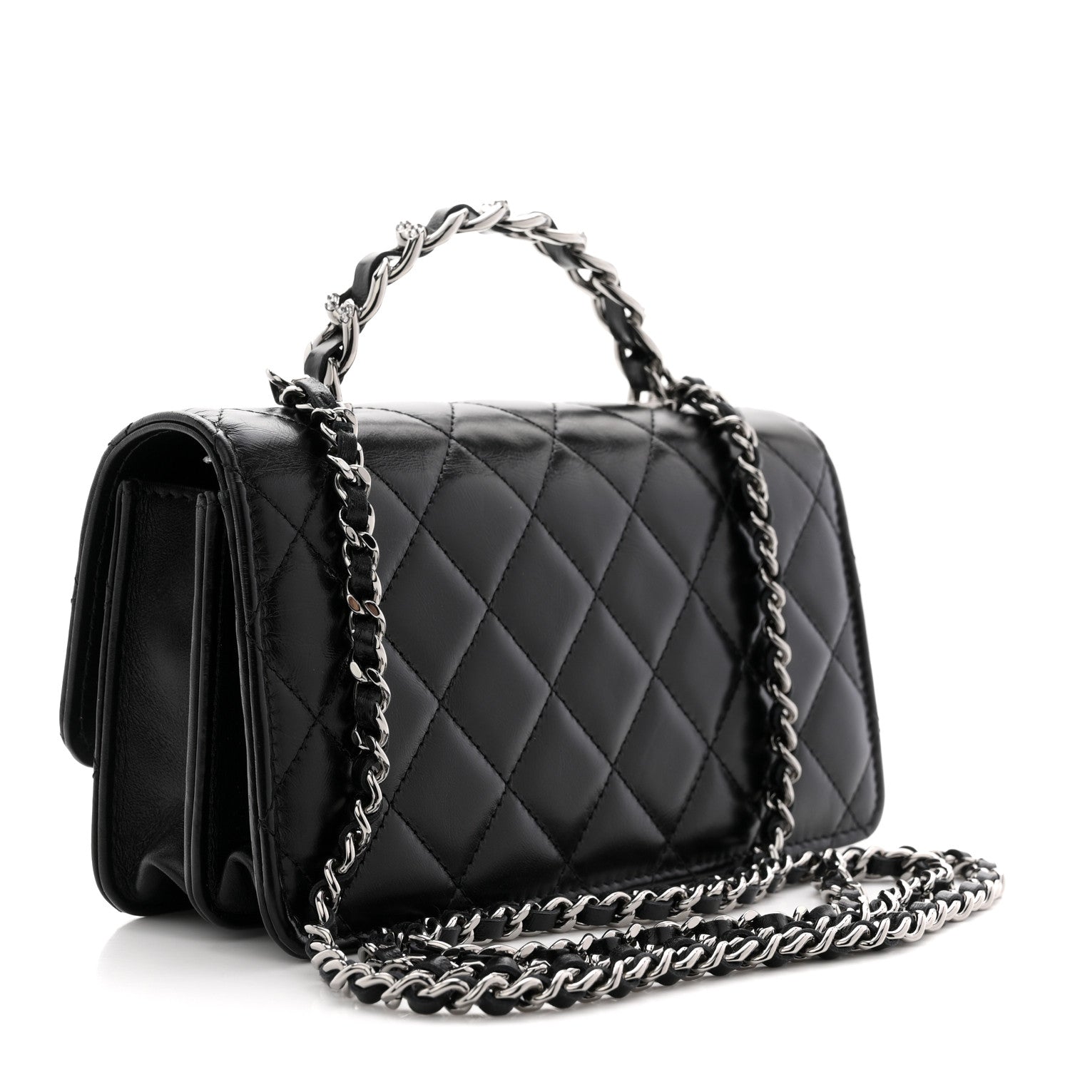Chanel Shiny Crumpled Calfskin Crystal Quilted Precious Handle Clutch With Chain Black 3 of 10