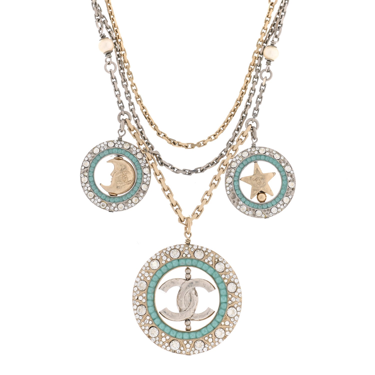 Chanel Ruthenium Crystal Pearl CC Star Moon Circle Necklace Silver Gold Turquoise 1 of 6