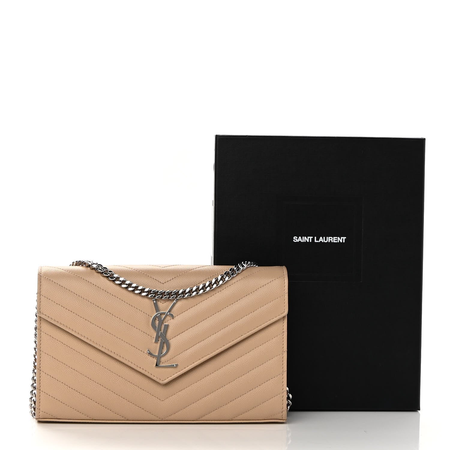 Saint Laurent Grain De Poudre Matelasse Chevron Monogram Chain Wallet Nude Powder 12 of 12