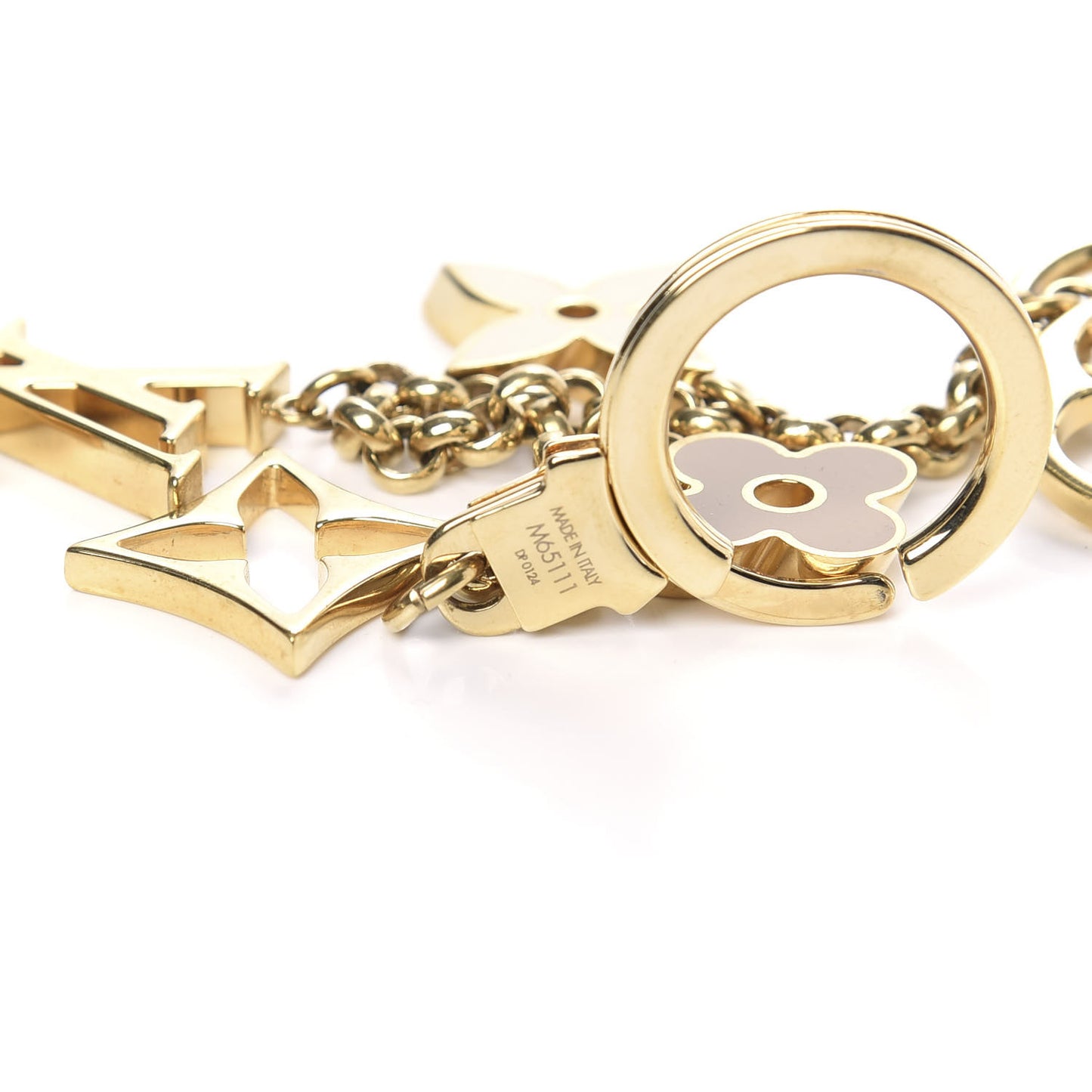 Brass Enamel Fleur De Monogram Bag Charm Chain Gold