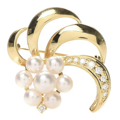 Mikimoto 18K Yellow Gold Diamond Akoya Pearl 4.5-6mm Flower Brooch Pin 1 of 4