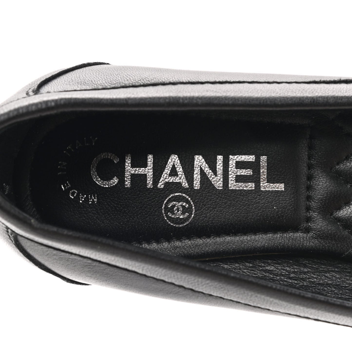 Lambskin Patent Cap Toe CC Moccasin Flats 36 Black