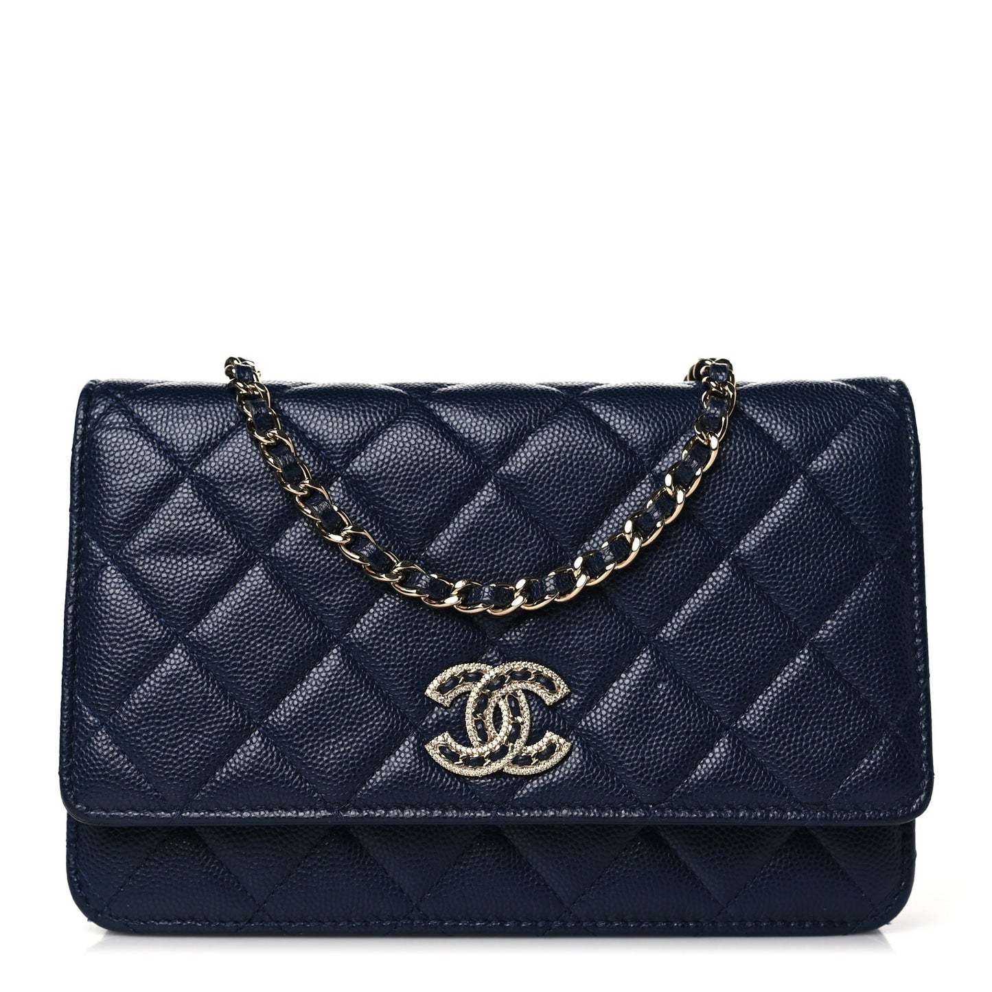 Caviar Quilted Crystal CC Wallet On Chain WOC Navy