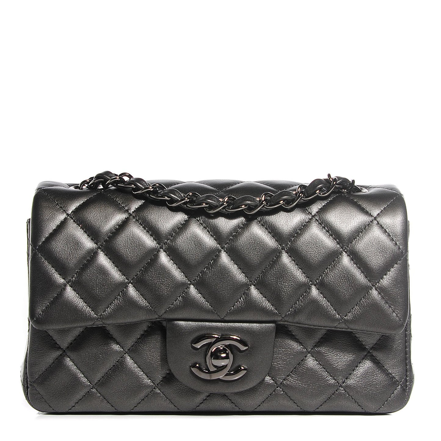 Metallic Lambskin Quilted Mini Rectangular Flap Dark Grey