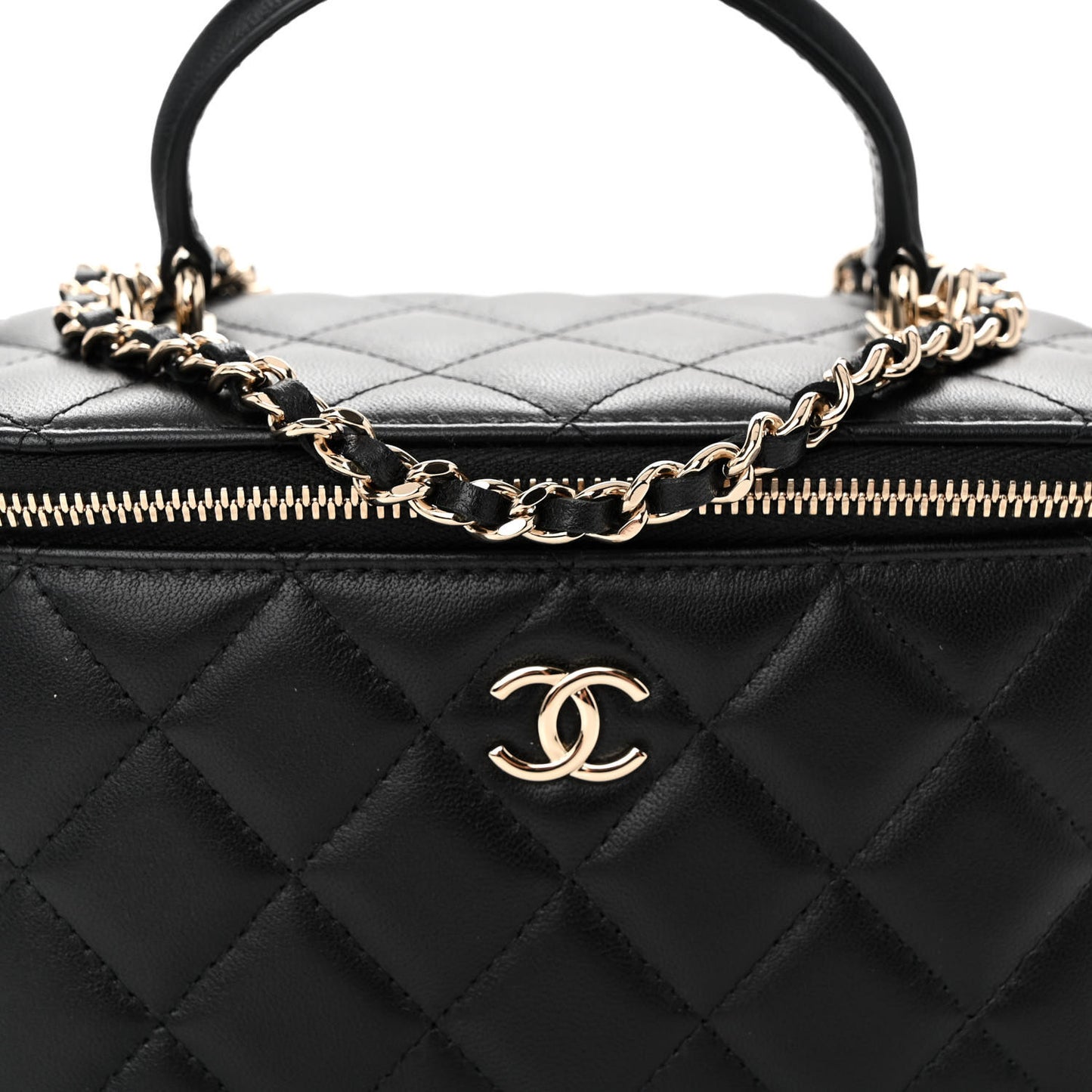 Lambskin Quilted Small Top Handle Vanity Case With Chain Black