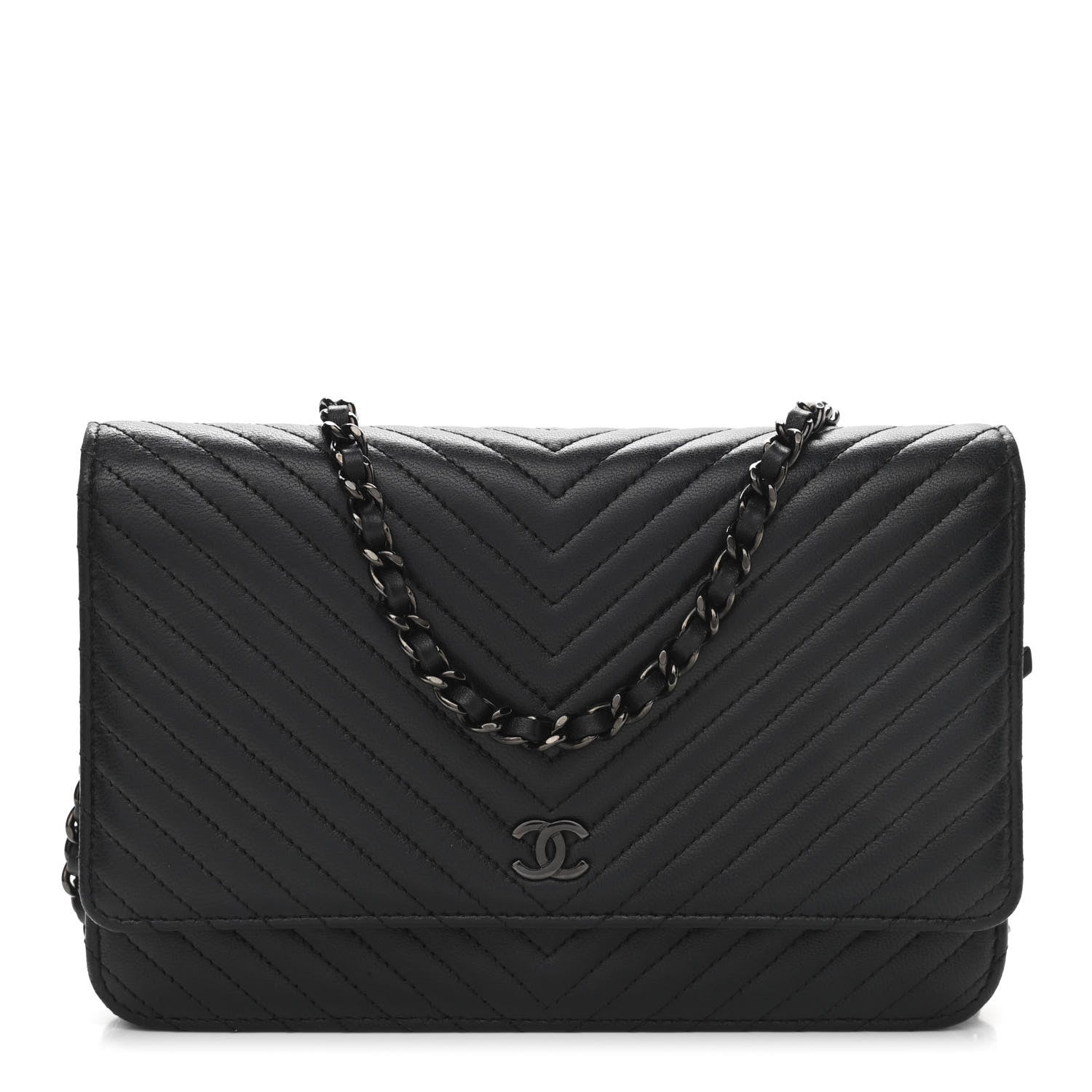 Chanel Lambskin Chevron Quilted Wallet On Chain WOC So Black 1 of 12