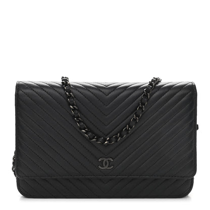 Chanel Lambskin Chevron Quilted Wallet On Chain WOC So Black 1 of 12