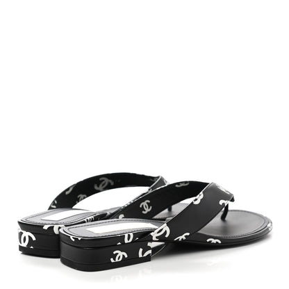 Chanel Lambskin Printed CC Thong Sandals 39 Black White 4 of 9