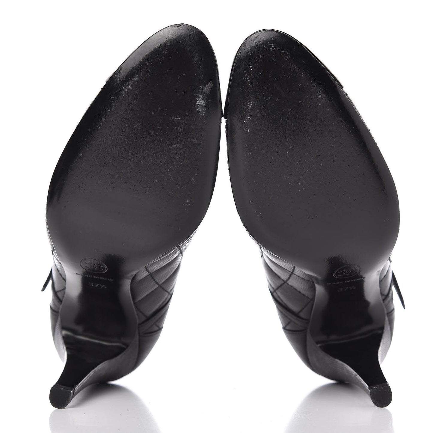 Grained Calfskin Patent Quilted CC Cap Toe Ankle Strap Pumps 37.5 Black