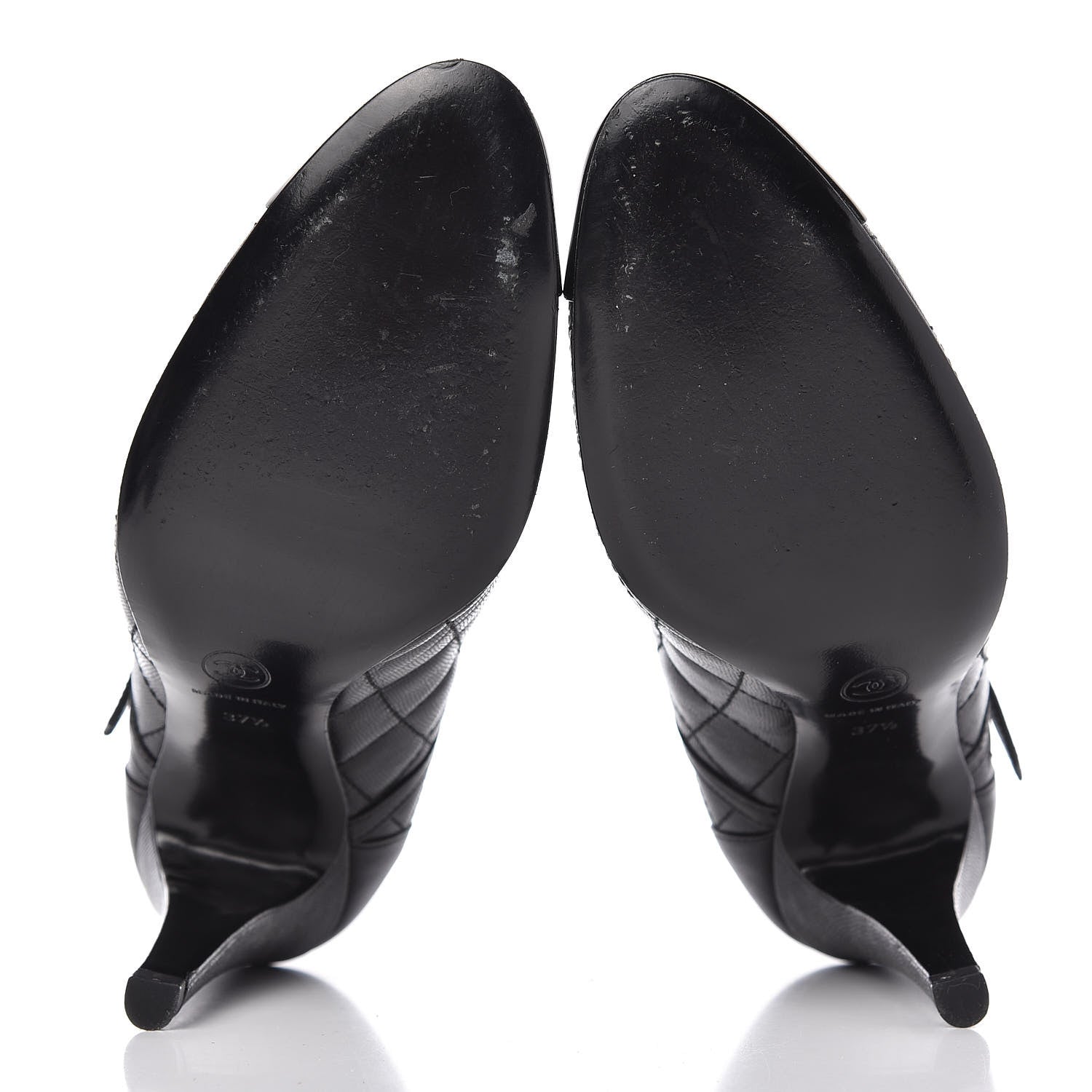 Chanel Grained Calfskin Patent Quilted CC Cap Toe Ankle Strap Pumps 37.5 Black 5 of 9