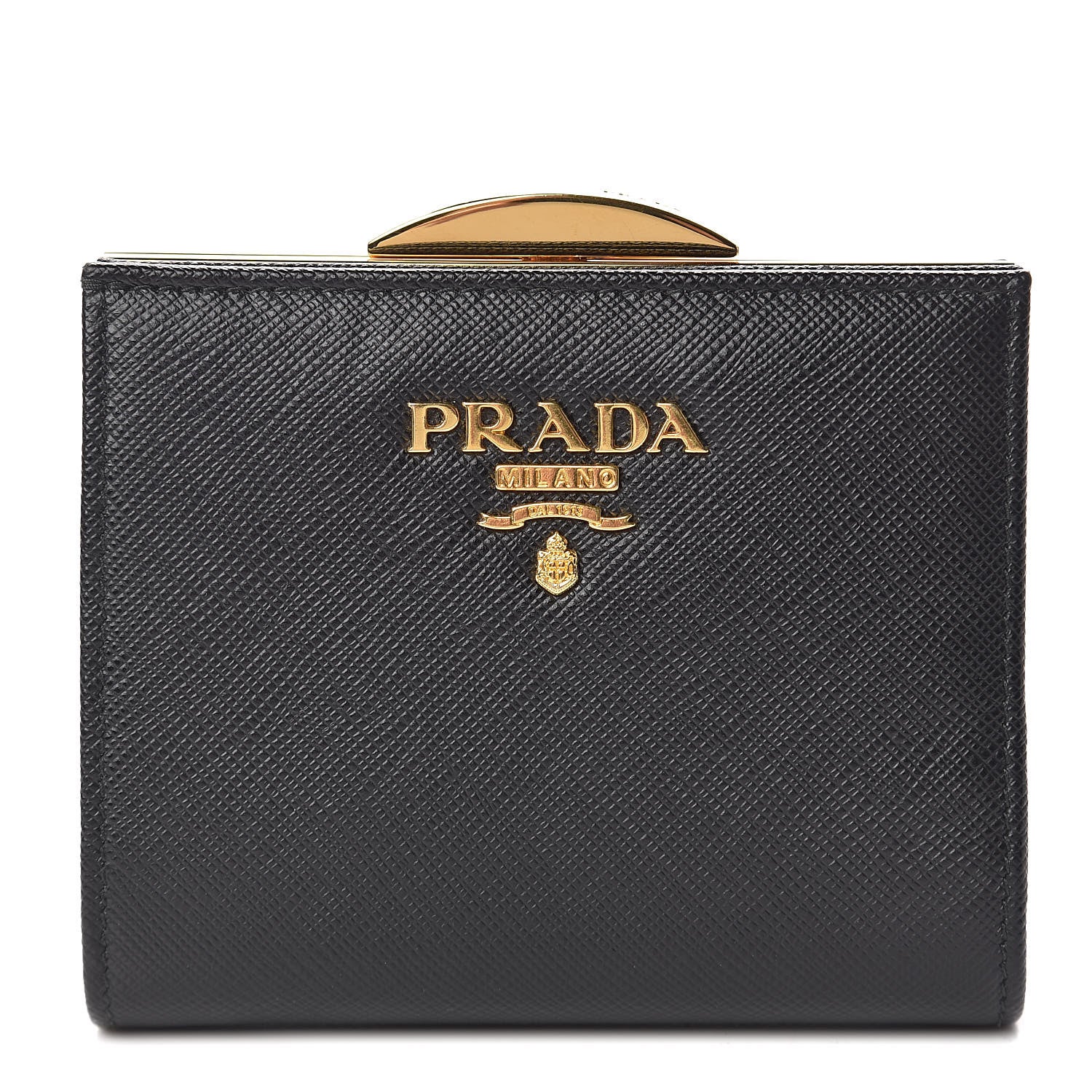 Prada Saffiano Metal Compact Pushlock Wallet Black 1 of 10