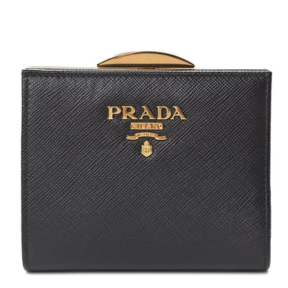 Prada Saffiano Metal Compact Pushlock Wallet Black 1 of 10