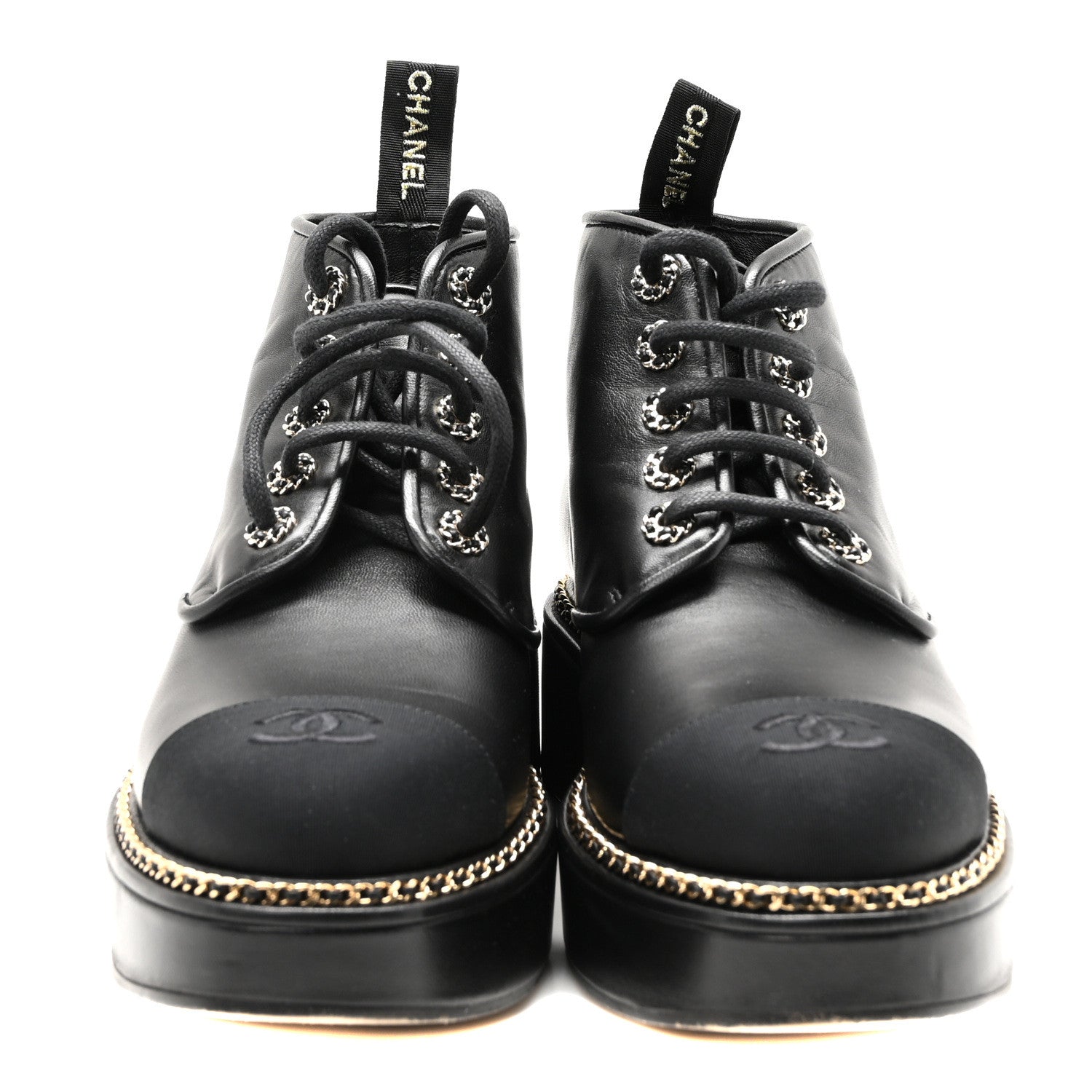 Chanel Calfskin Grosgrain Chain Lace Up CC Short Boots 40 Black 3 of 9