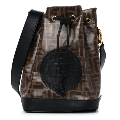 Fendi Glazed Fabric Vitello Grace F is Fendi FF 1974 Stamp Patch Grande Mon Tresor Bucket Bag Mogano Panna Black 1 of 10