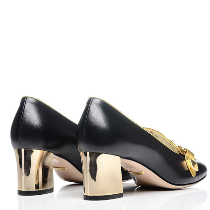 Gucci Malaga Kid Nappa GG Supreme Monogram Tiger Head Mid Heel Loafer Pumps 37 Black Oro Vecchio Beige 4 of 10
