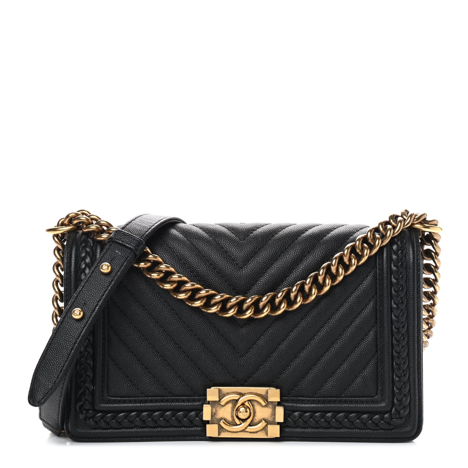Chanel Caviar Chevron Quilted Braided Medium Boy Flap Black 1 of 10