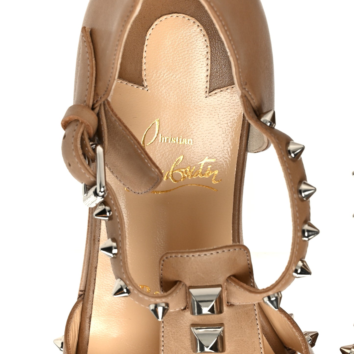Calfskin Loubiclou Studded Cage Flat Sandals 37 Beige