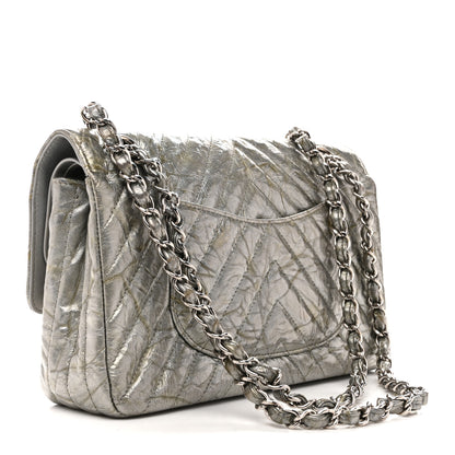 Chanel Metallic Patent Crumpled Calfskin Chevron Quilted Medium Double Flap Silver 3 of 13